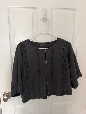 aerie Black Button-Front Lace Panel Shirt